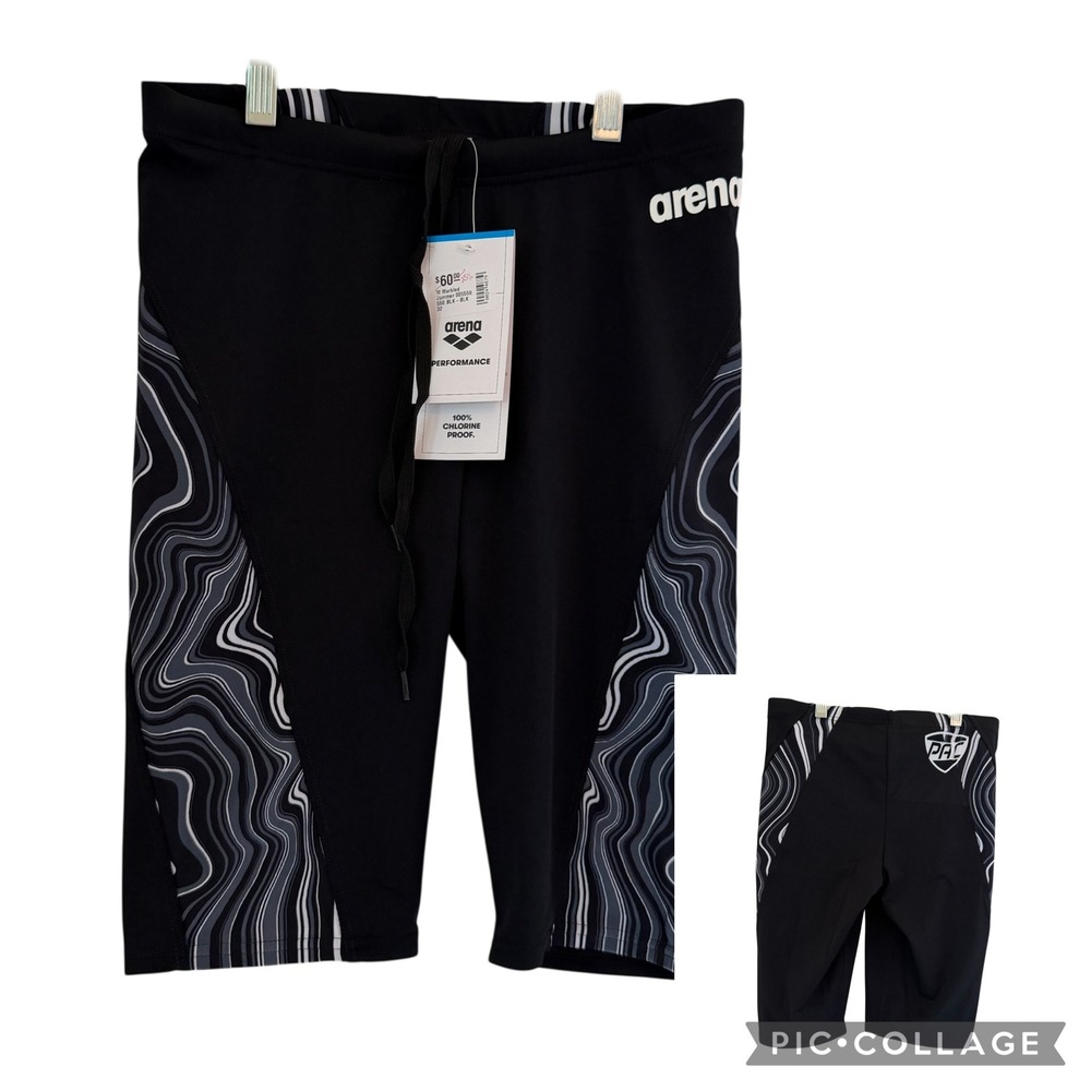 Arena Mens Marbled F Swim Jammer Black Performance Swimwear PAC Logo Size 32 NWT